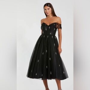 Mac duggal 26498 Black Off-Shoulder Dress pearls midi